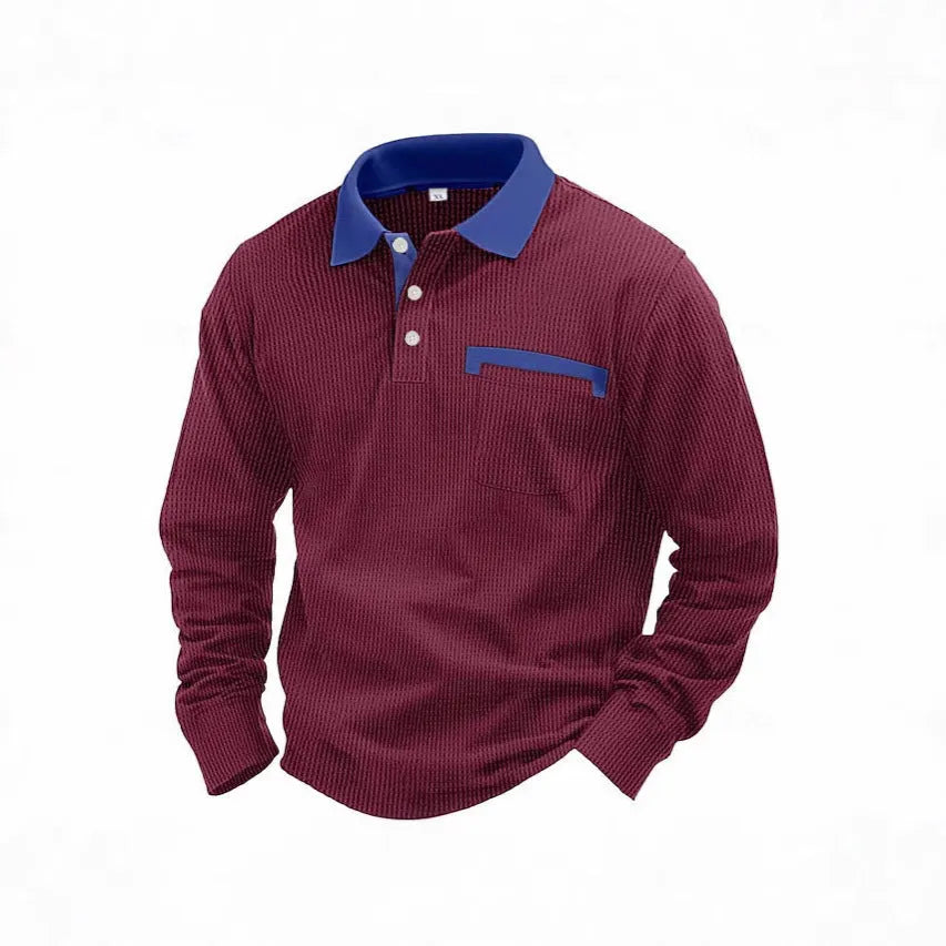 Men's loose fit long-sleeved waffle knit polo shirt in asymmetric American retro style