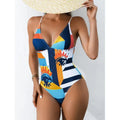 Women's plus size printed bikini swimsuit in solid blue, purple, green, or pink colours with backless design