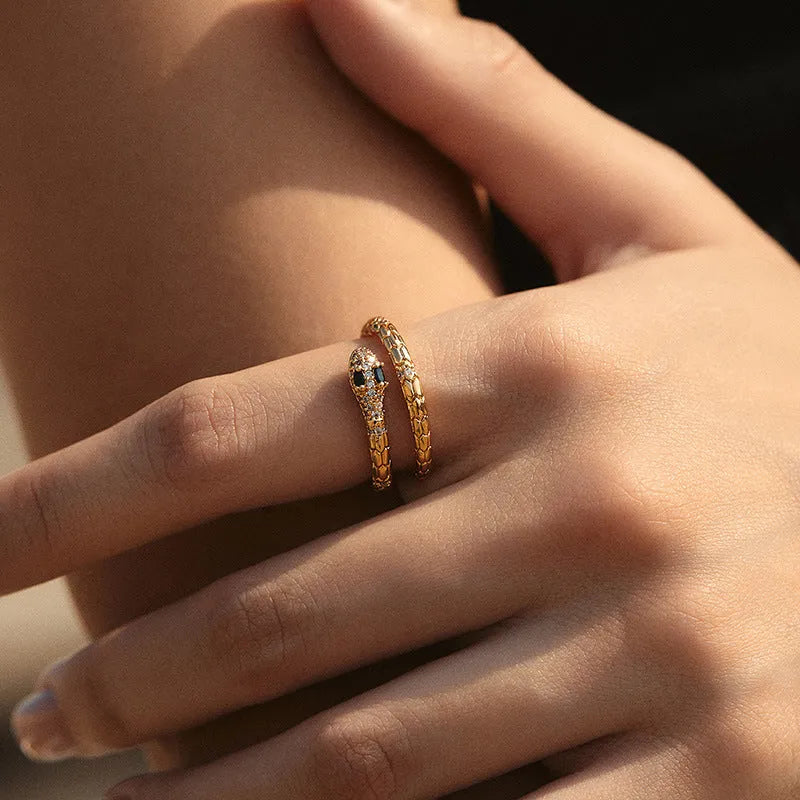 Adjustable snake index finger ring with gold plating and open mouth design