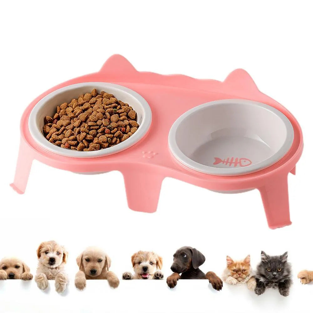 Ceramic elevated cat feeding bowl set with tilted bowls and stand in blue, pink, white or yellow