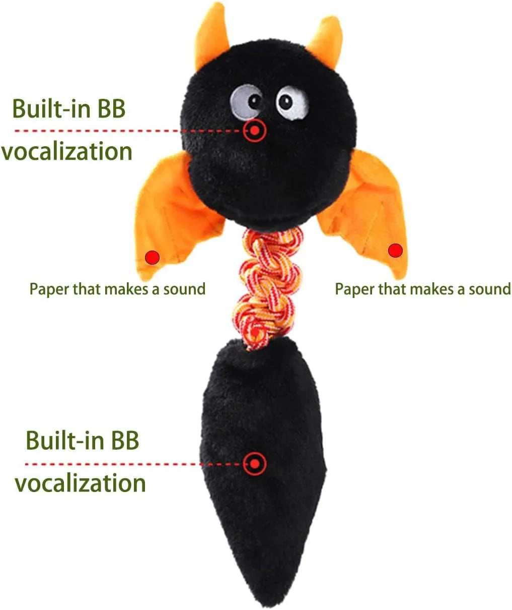 Large black plush dog toy with cartoon face, rope knot, and squeaker for big dogs.