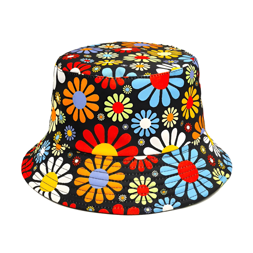 Colourful flower pattern polyester bucket hat with dome crown