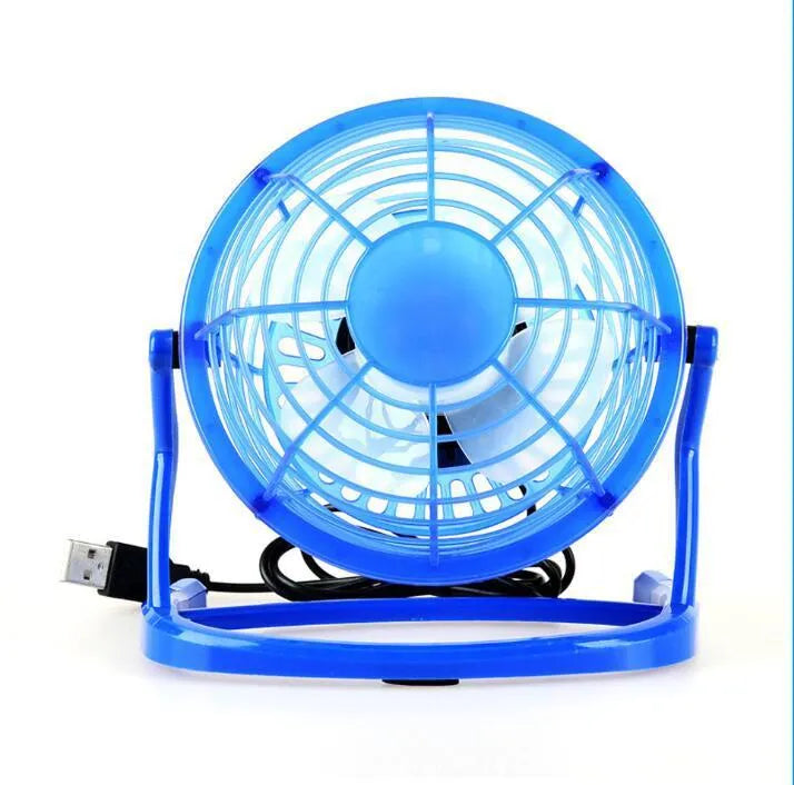 Mini USB desk fan with adjustable tilt in black, white or blue options for laptop and PC cooling