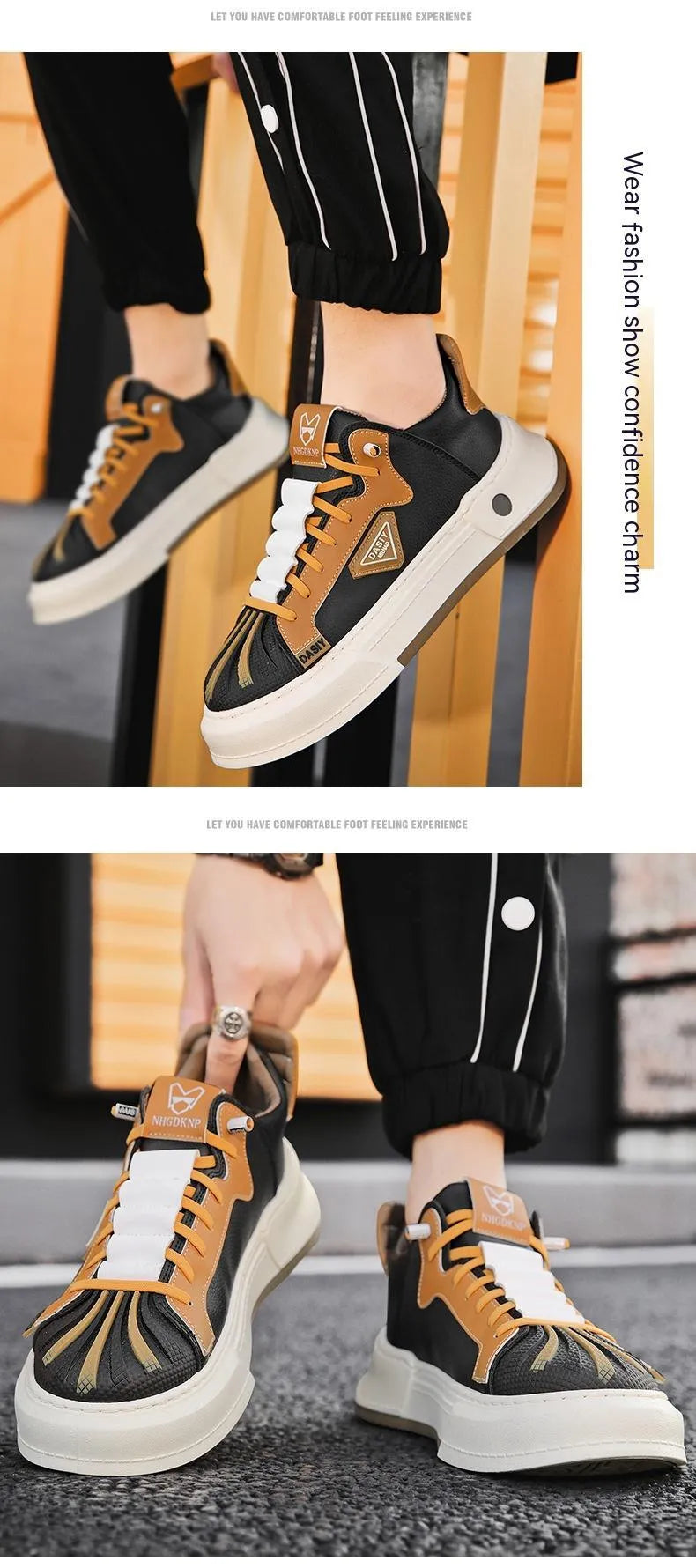 Men's beige low-top sneakers with elastic band fastening and leather stitching details