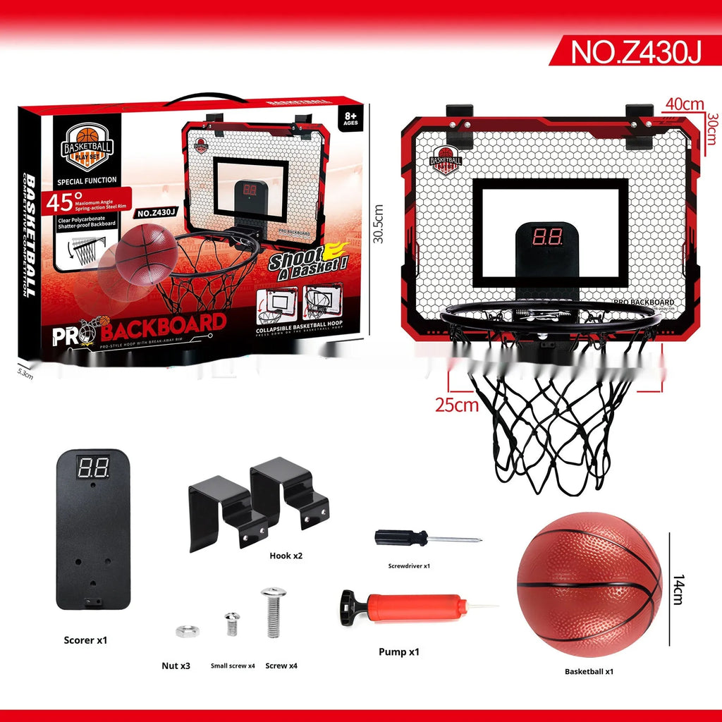 Red and blue folding basketball frame with suction cups, iron hook, and parallel panels for indoor dunk practice