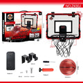 Red and blue folding basketball frame with suction cups, iron hook, and parallel panels for indoor dunk practice