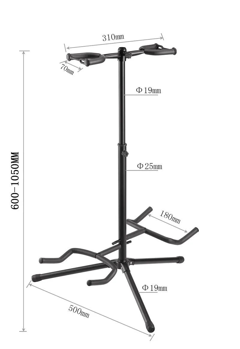 Black vertical guitar stand with double heads and adjustable support arms for acoustic and electric instruments