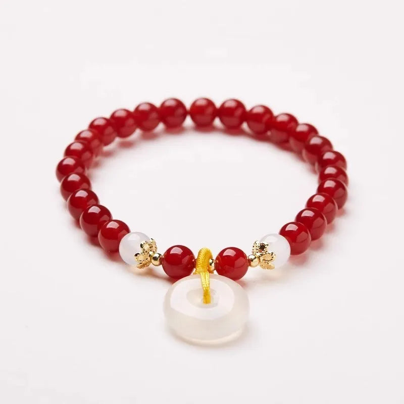 Handmade Chinese style safety buckle bracelet with natural jinsi jade and red agate 6mm peace clasp beads
