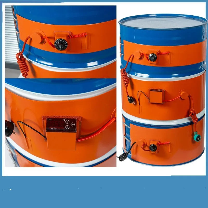 Silicone heating belt wrapped around a 200-litre oil drum with digital display controller and US plug.