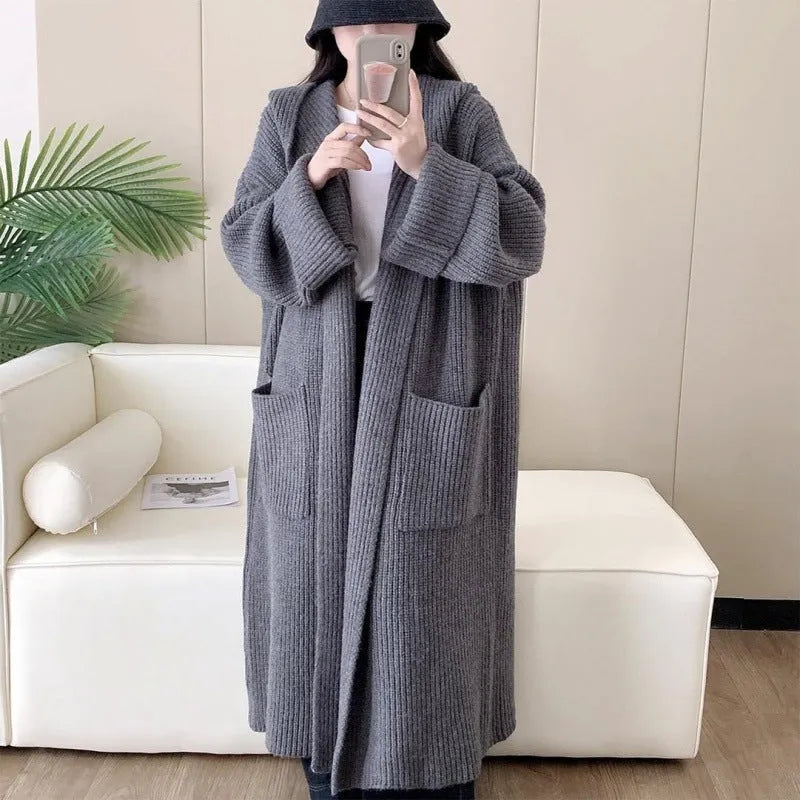 Women's loose hooded acrylic cardigan coat in beige colour with 80cm length