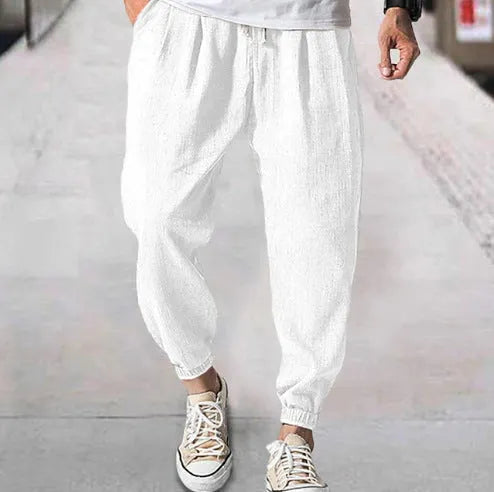 Men's loose cotton casual trousers with banded ankles in light green colour
