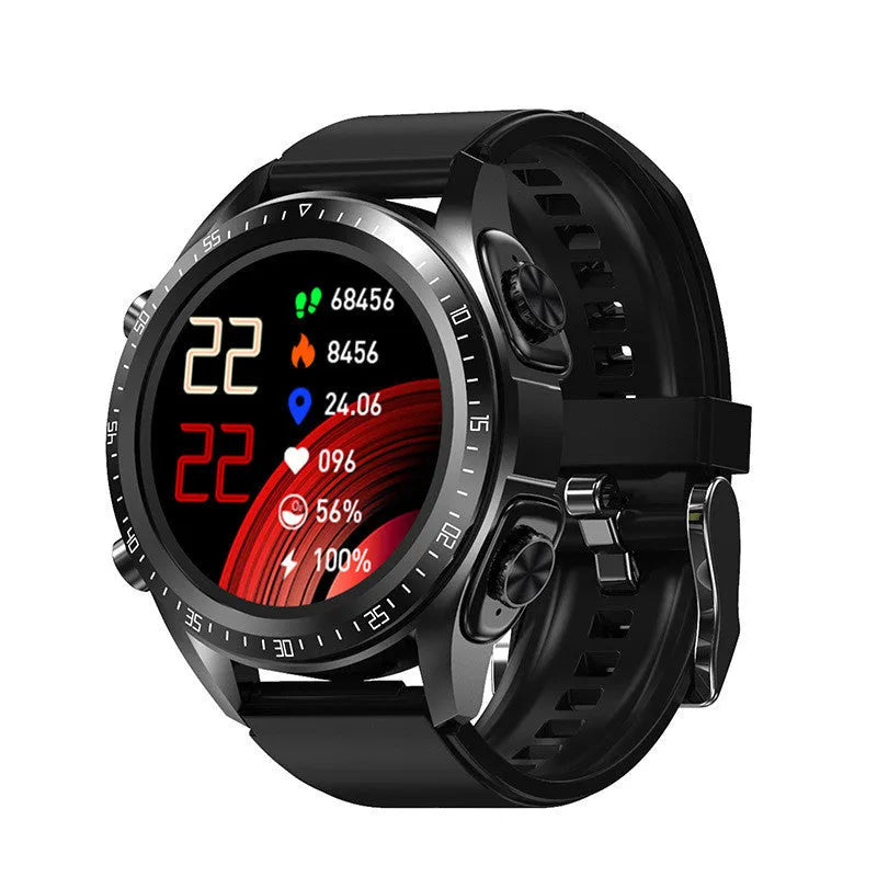 Black smart watch with blood pressure monitoring on a silicone strap, showing its 1.28-inch screen.