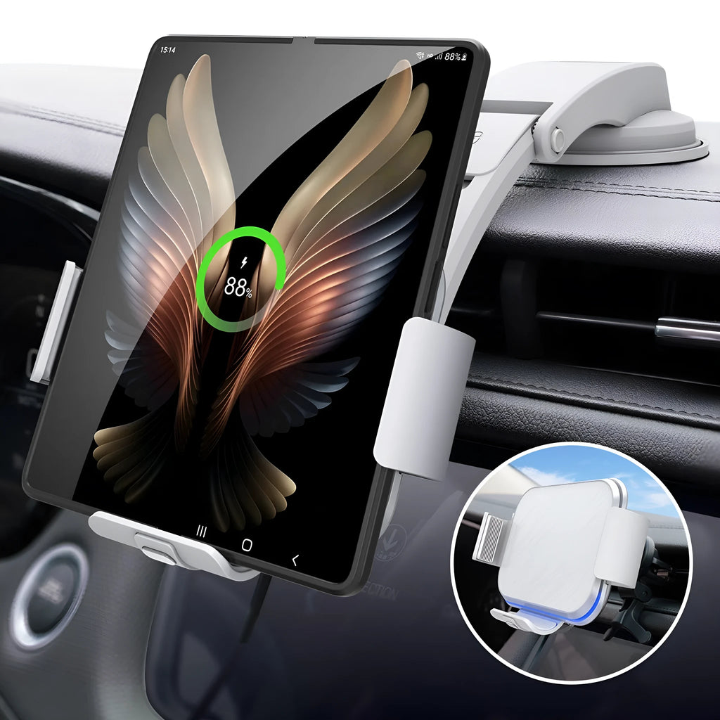 Grey wireless charging car phone holder with folding screen, showing air-con clip and suction cup mount options.