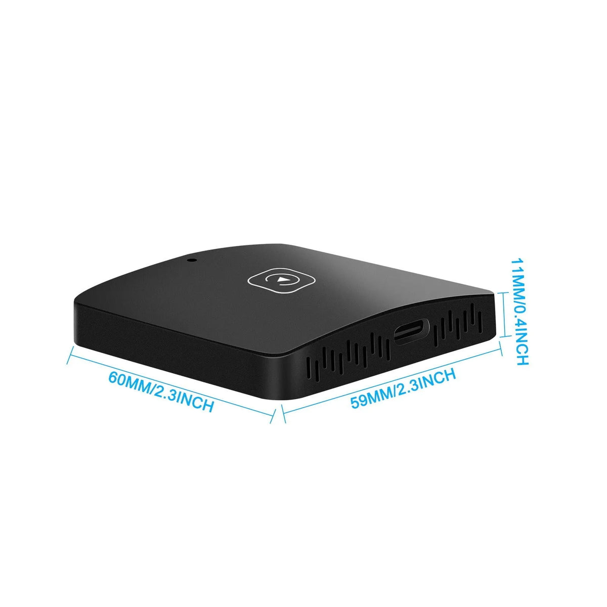 Black metal wireless CarPlay converter module with cables for car head unit installation