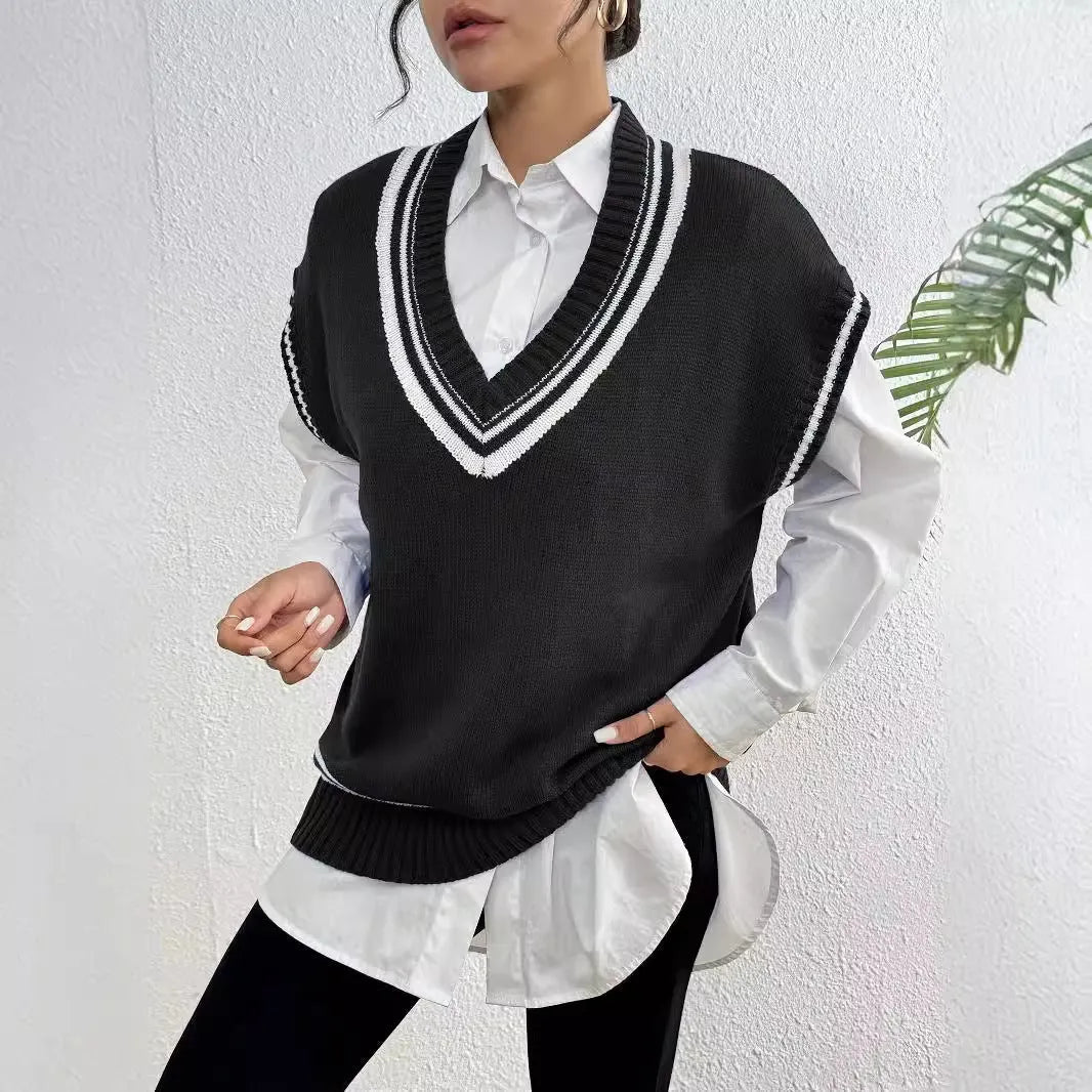 Women's loose fit college style acrylic pullover vest sweater in blue, coffee, or black colours