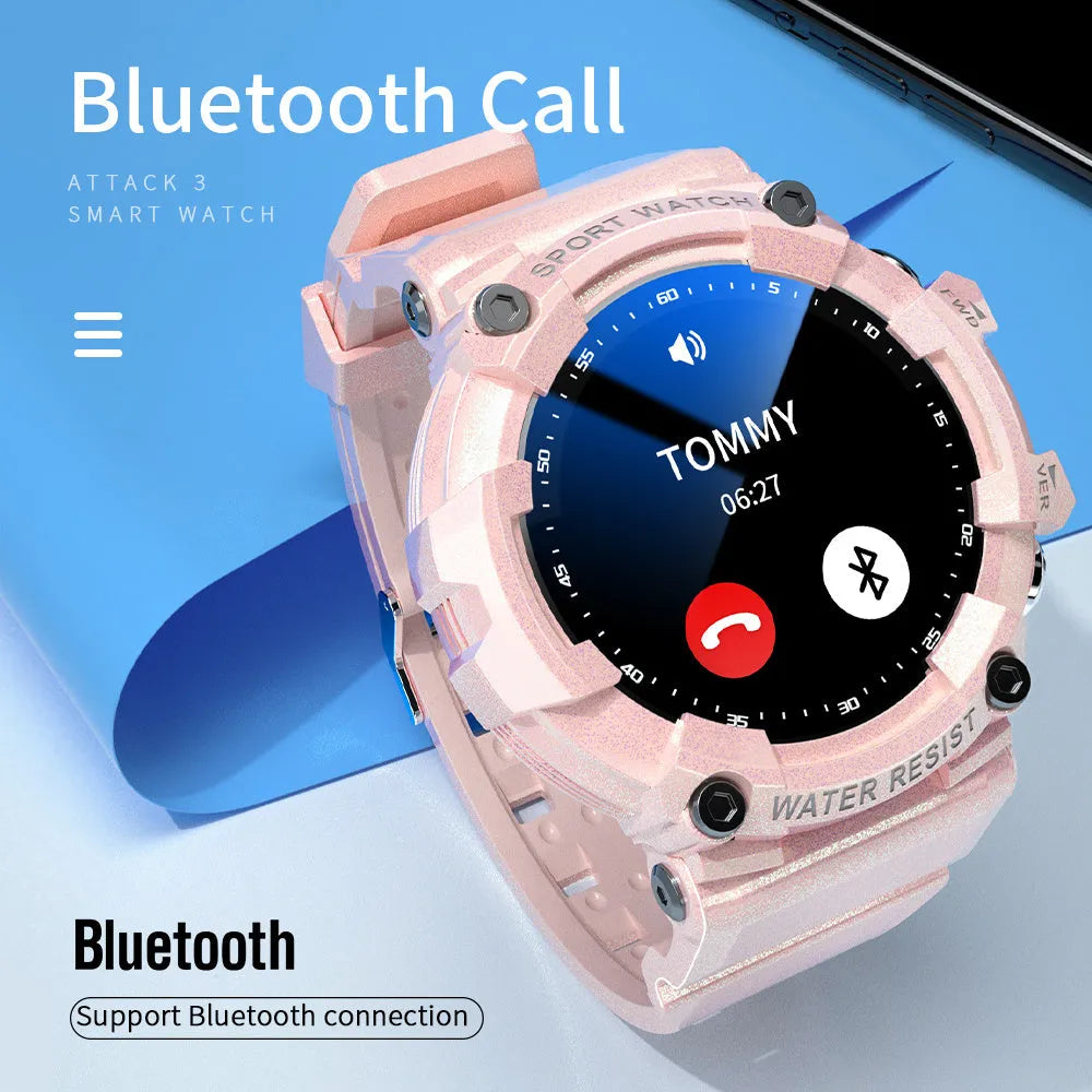 ATTACK 3 IP67 waterproof smartwatch in black, pink, or white with circular 1.28 inch display and TPU strap
