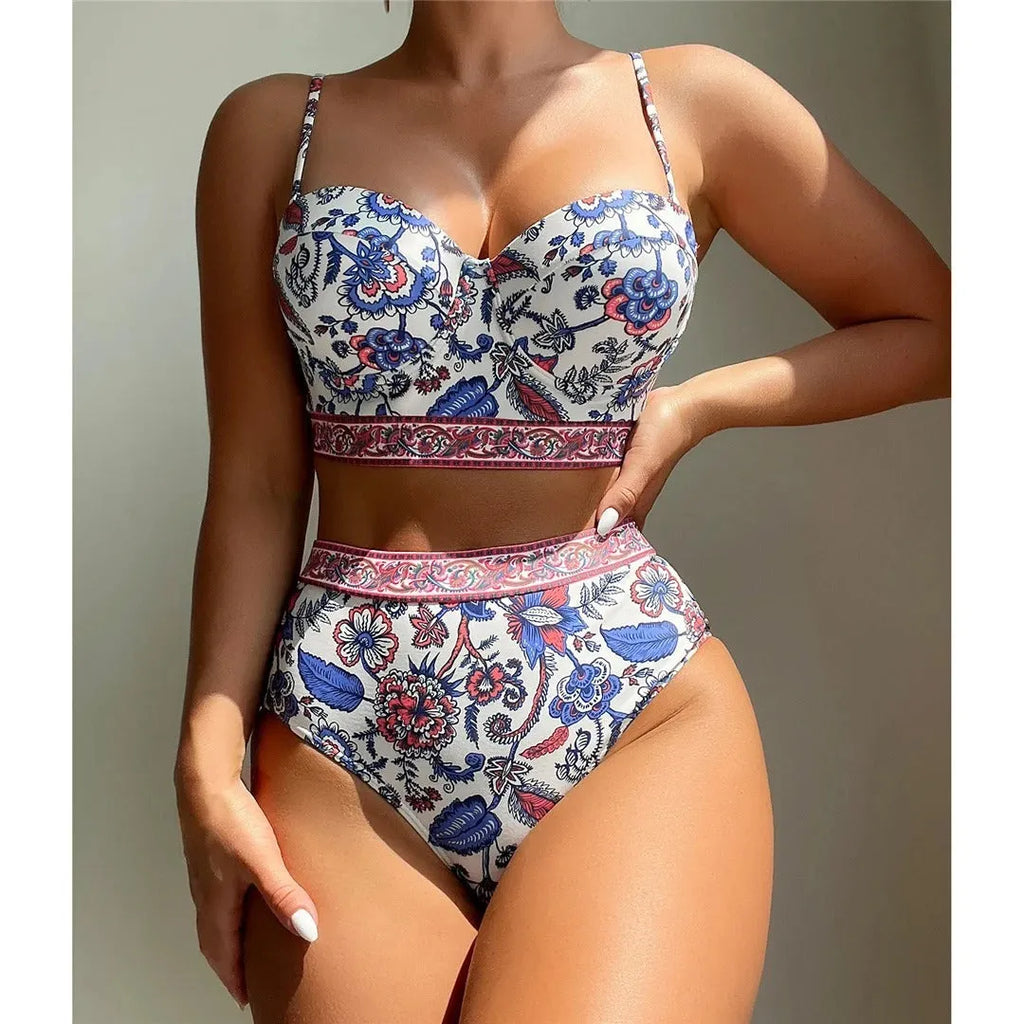 Blue women's high-waist bikini with push-up top and adjustable straps.