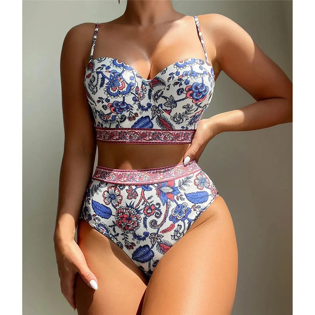 Blue women's high-waist bikini with push-up top and adjustable straps.