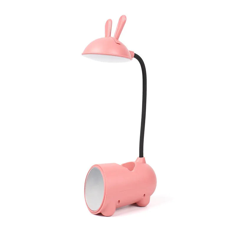 Simple cartoon-style USB desk lamp with pen holder base in green, dark blue, or pink