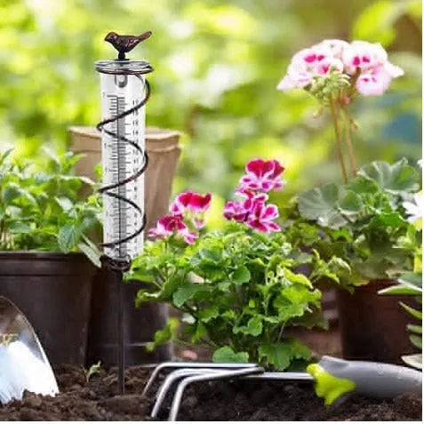 Cast iron hummingbird garden rain gauge with glass tube showing water measurement scale.