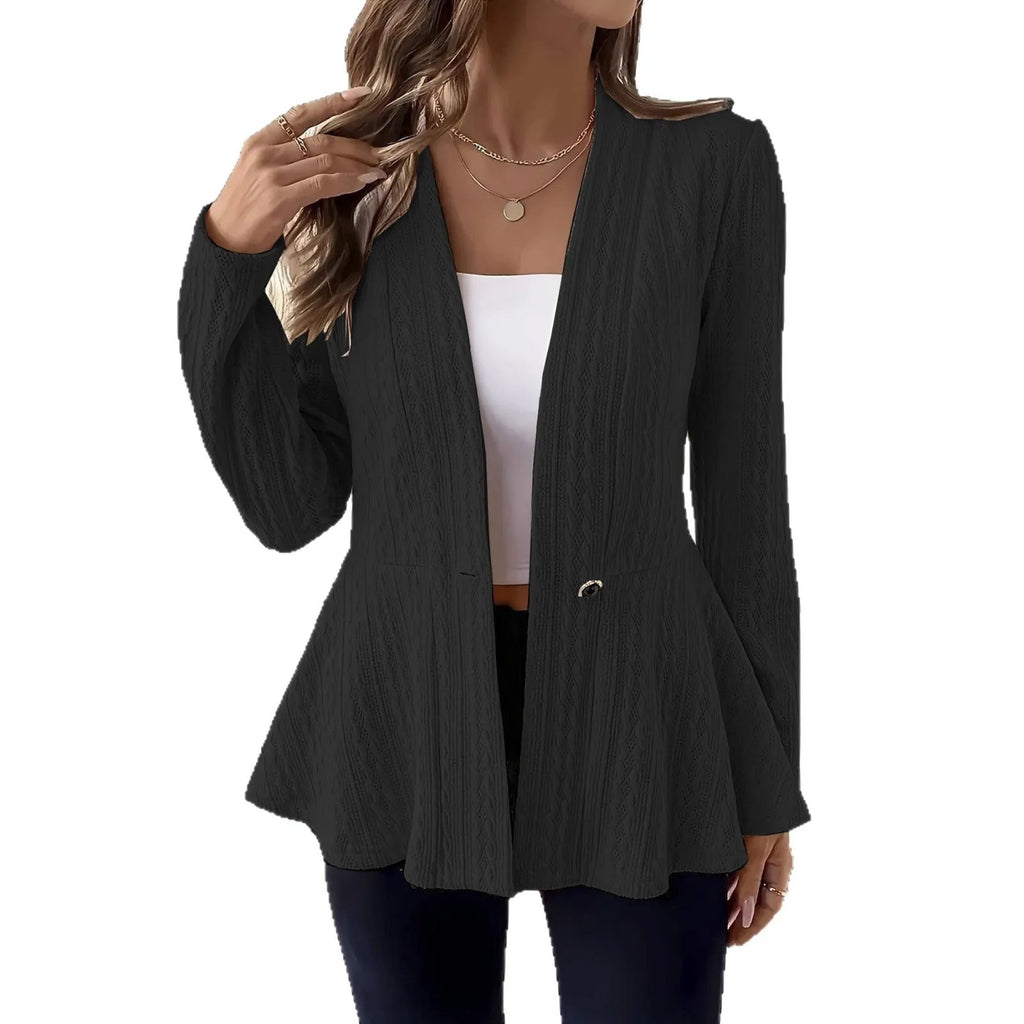 Women's apricot jacquard knit cardigan with one button front, shown on a model.