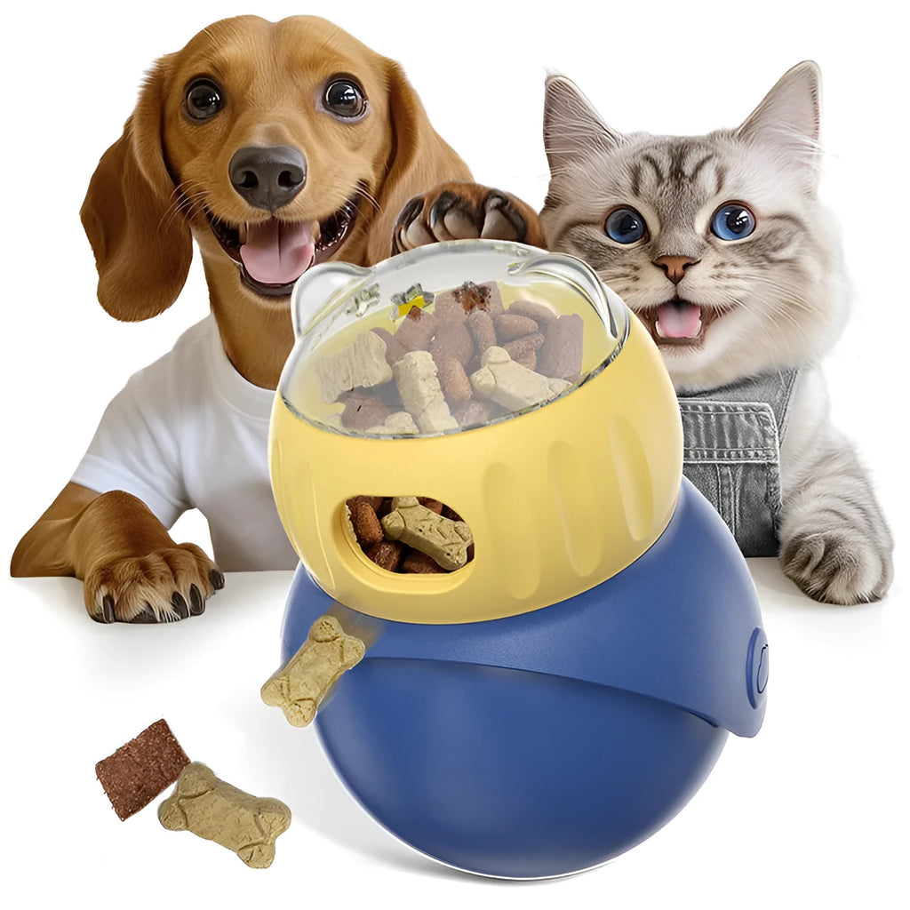 Yellow and blue owl tumbler cat puzzle feeder for dry food dispensing