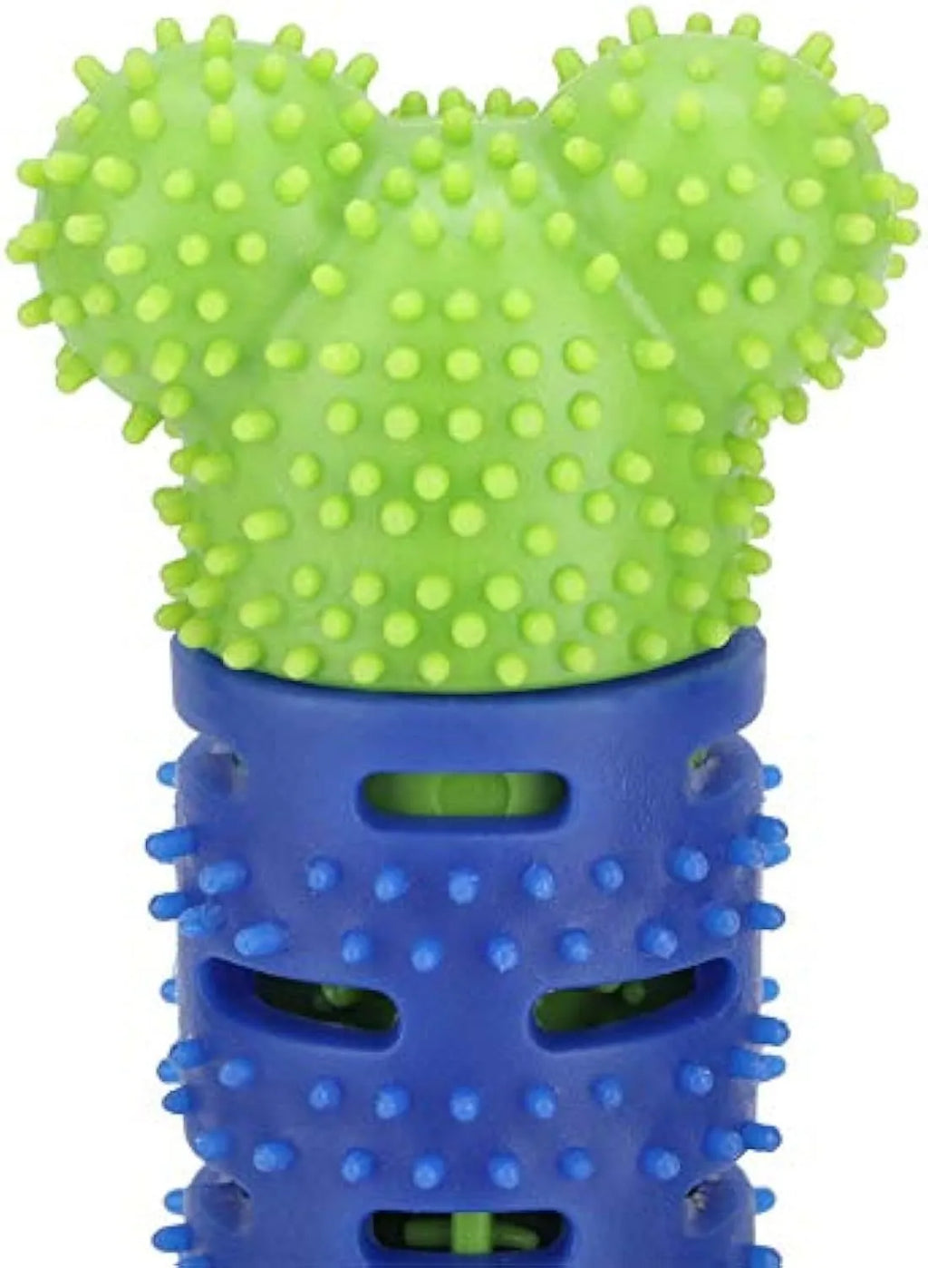 Blue green dog dental cleaning stick toy with serrated brush head and massage nodules