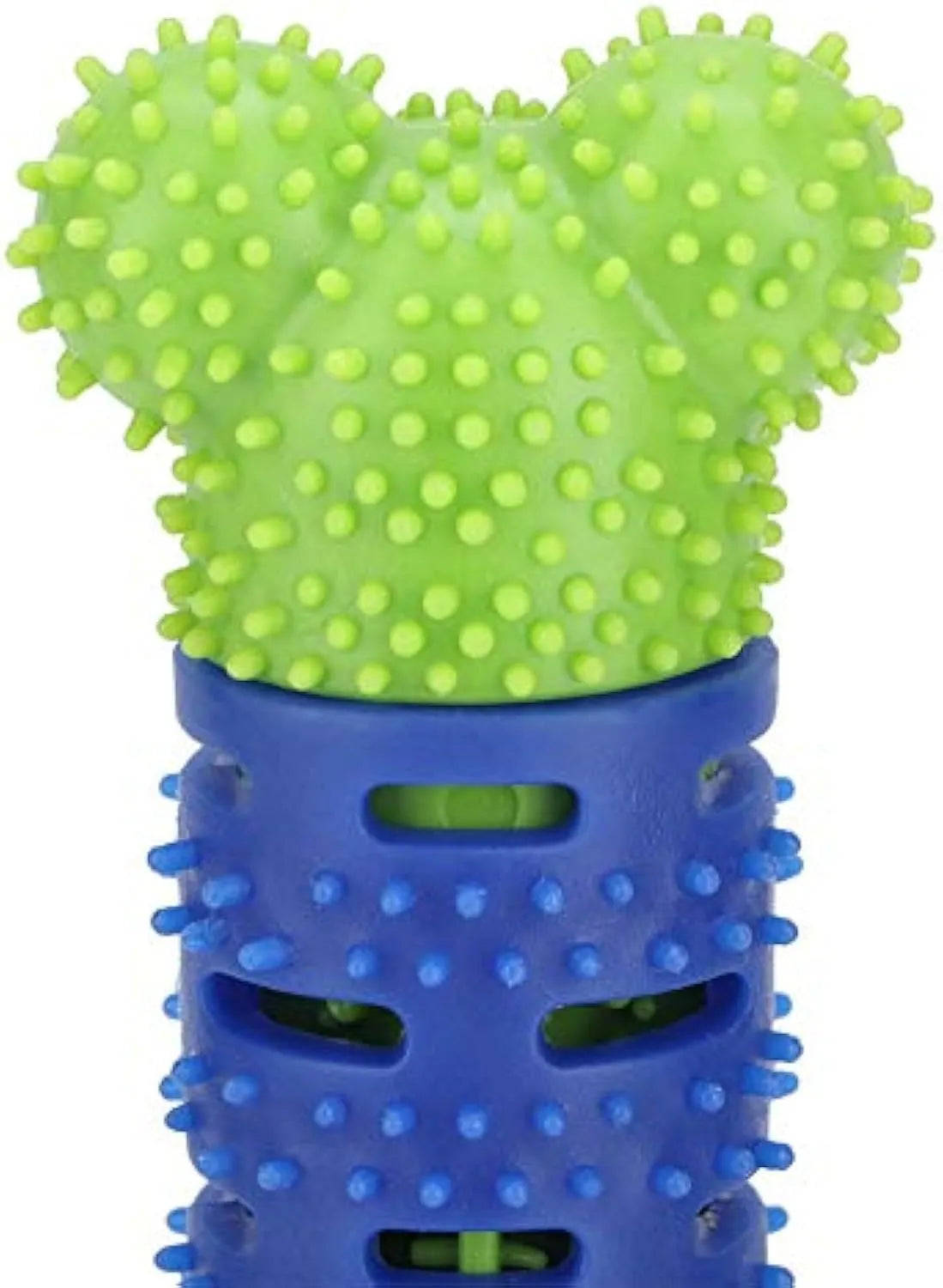 Blue green dog dental cleaning stick toy with serrated brush head and massage nodules