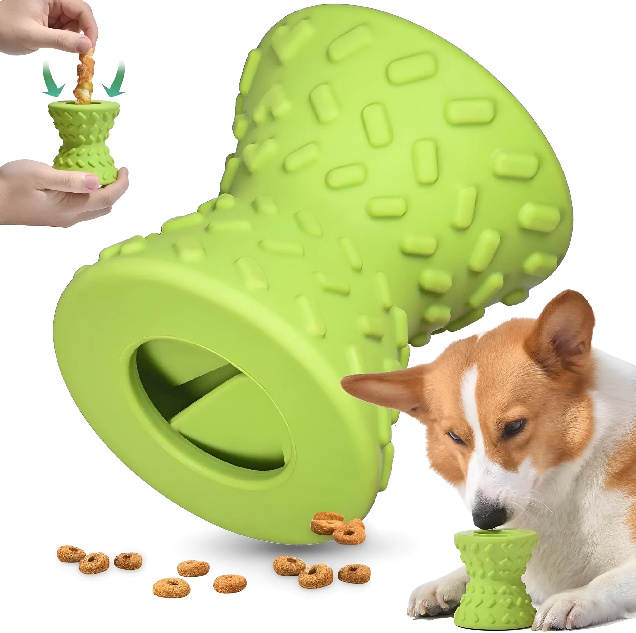 Blue natural rubber treat dispensing dog bone toy with hollow design and food leakage holes