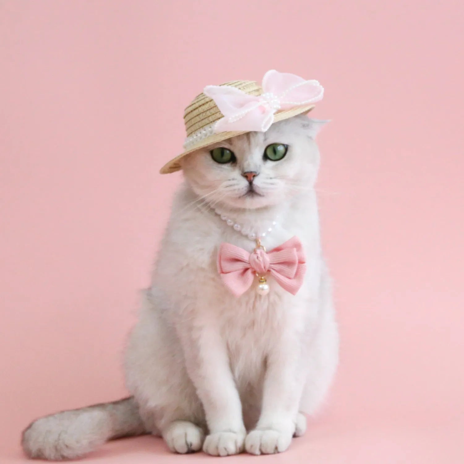 Woven Lafite leaf cat hat with pearl bow decoration in butterfly design