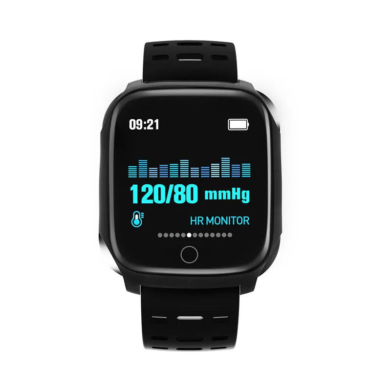 F16 Smart Watch showing ECG, blood pressure, and heart rate data on its IPS screen, with a black silicone wristband.