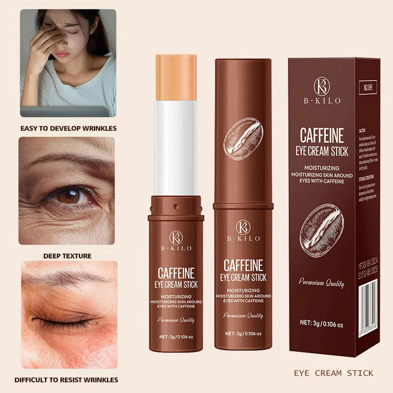 Caffeine eye cream stick in silver and white packaging, showing the 3g applicator for under-eye use.