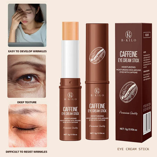 Caffeine eye cream stick in silver and white packaging, showing the 3g applicator for under-eye use.