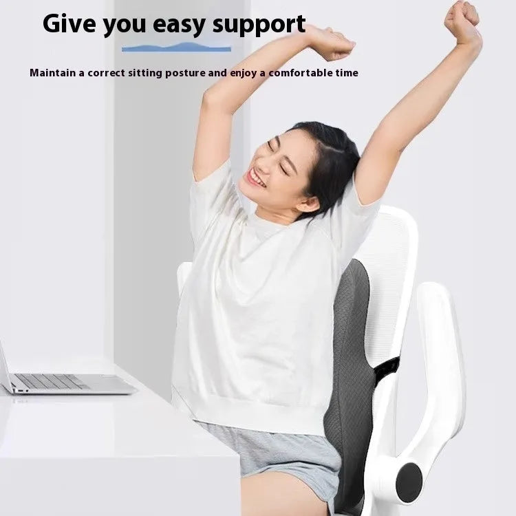 Grey lumbar support cushion for office chairs measuring 40cm wide with ergonomic design