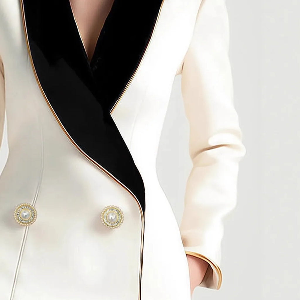 Women's milky white coat with irregular hem and golden pearl buttons on long sleeves
