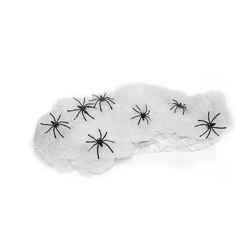 White cotton spider web Halloween decorations with spiders in various package size options