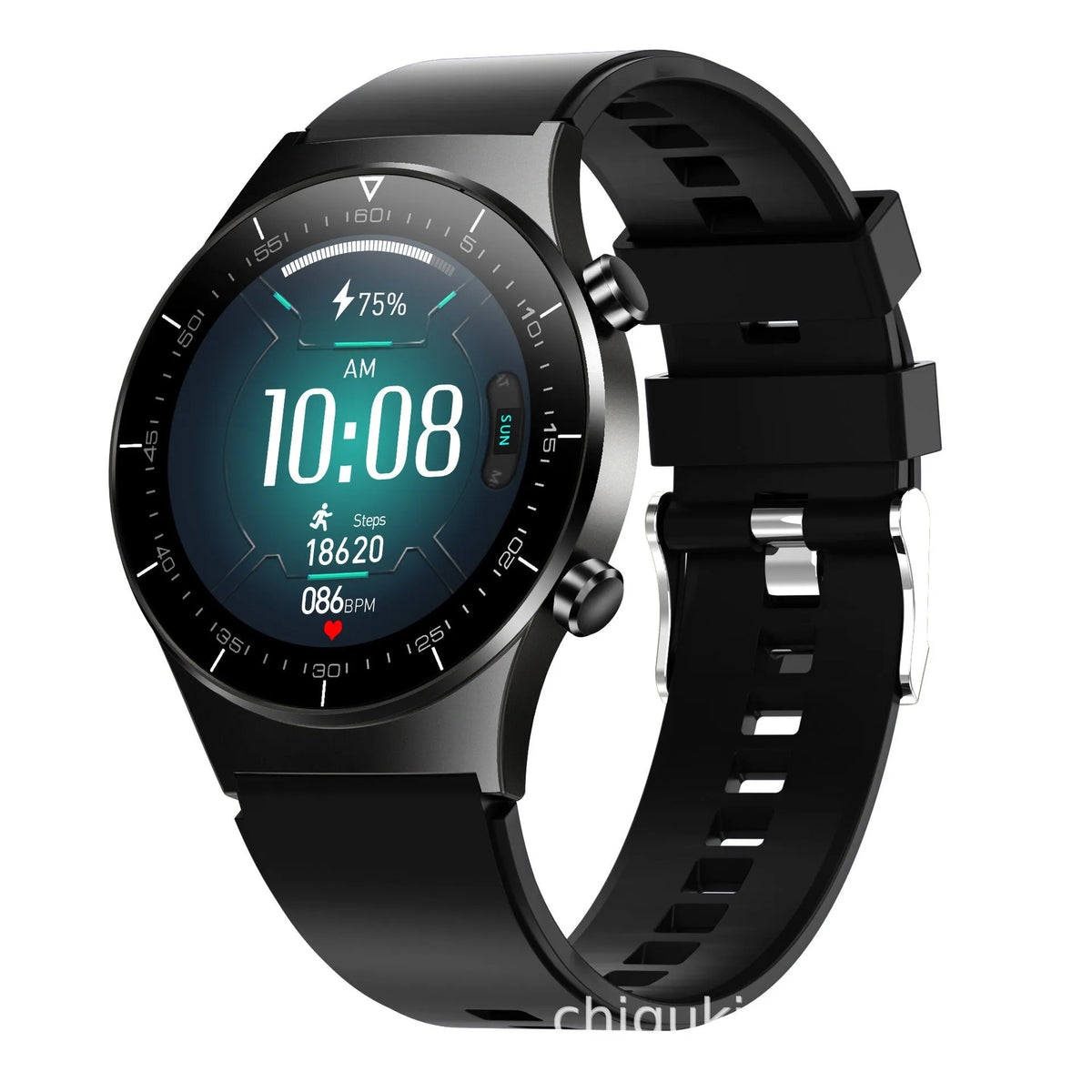 Black smart sports watch with astronaut bracelet design showing heart rate and blood pressure monitoring on 1.3 inch touchscreen