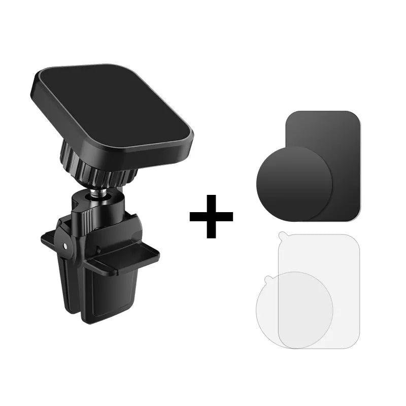 Black magnetic car phone holder mounted on car air conditioning vent