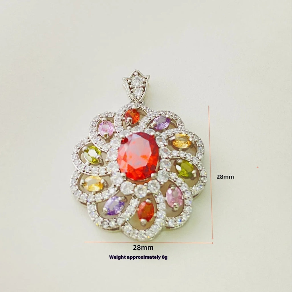 Close-up of a women's flower-shaped zircon pendant necklace in a gold colour finish on a chain.
