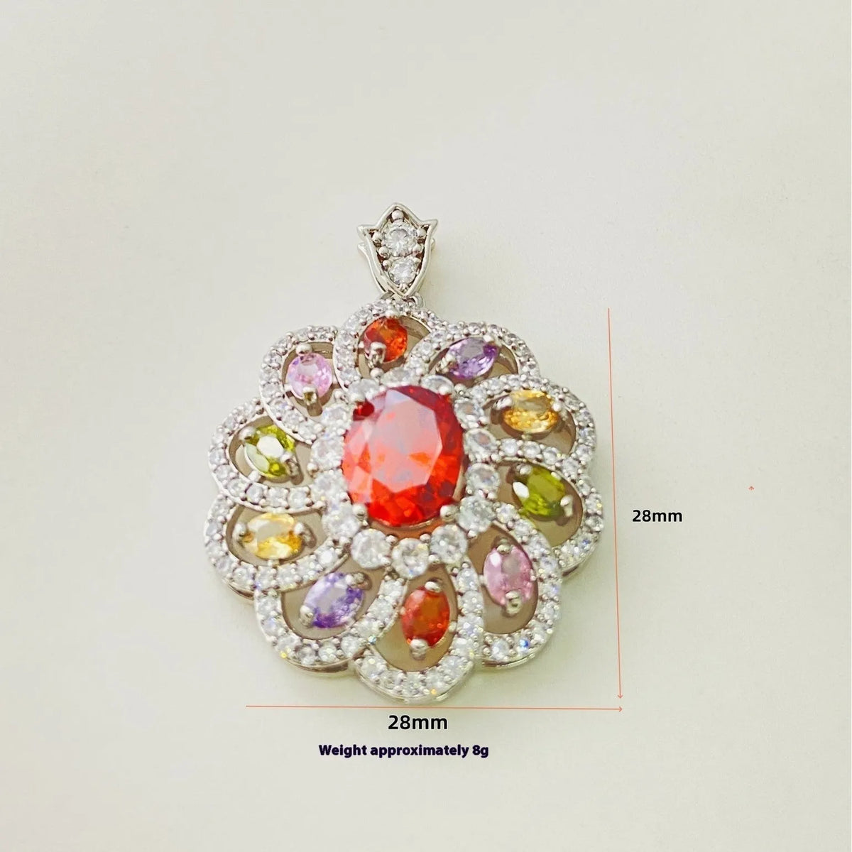 Close-up of a women's flower-shaped zircon pendant necklace in a gold colour finish on a chain.