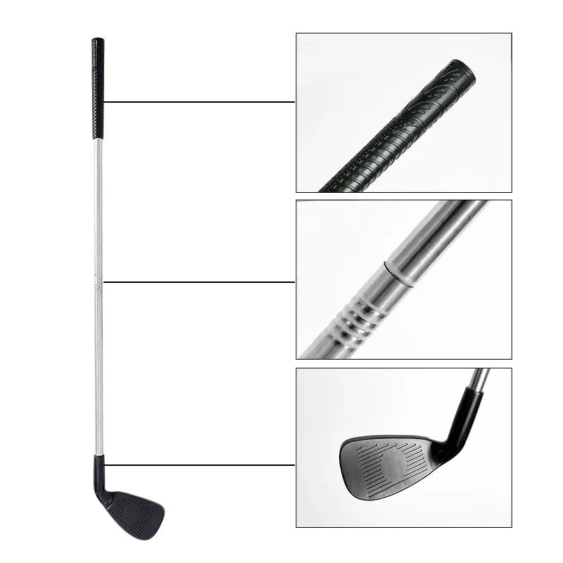 Metal golf club set showing adult and children's clubs for outdoor sports practice