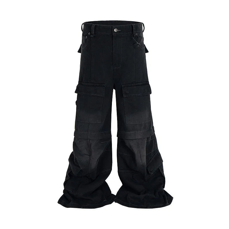 Teenager wearing black detachable washed-out cotton overalls with multiple pockets.