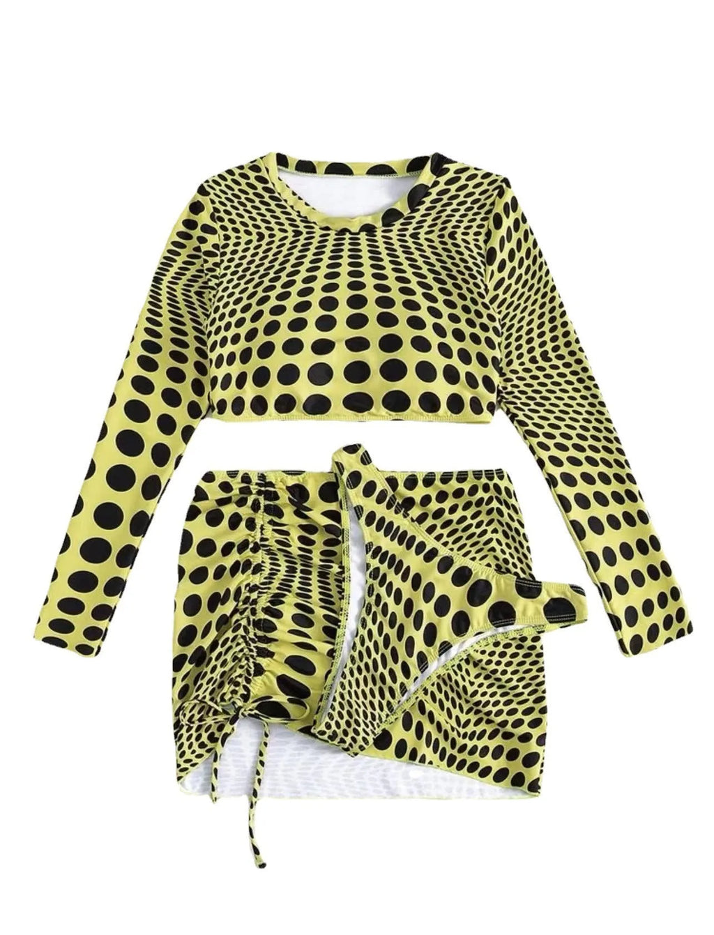 Women's polka dot swimsuit three-piece set in green colour with bra, top, and skirt