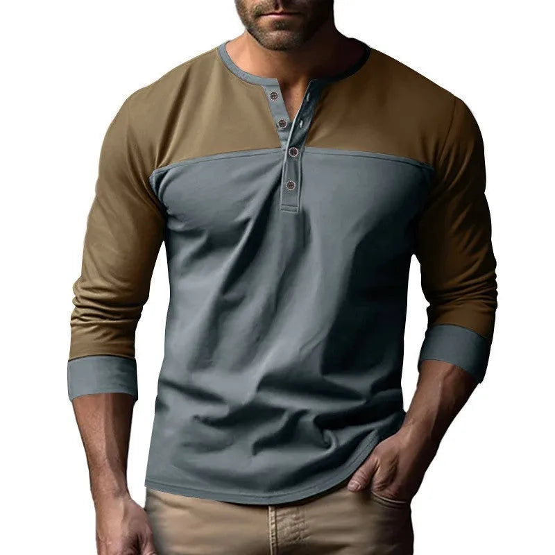 Men's long sleeve casual shirt with henry collar in solid colour beaded twill fabric.