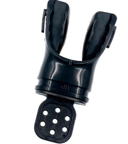 A plastic free edible silicone diving mouthpiece in various colours including black, blue, and pink, showing the 110mm length and bite piece.