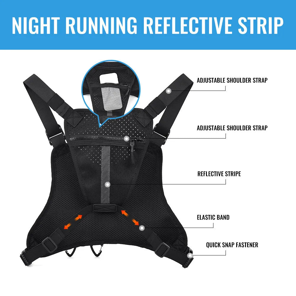 Men's outdoor sports chest bag in oxford cloth, shown in black, grey, and blue colour options.