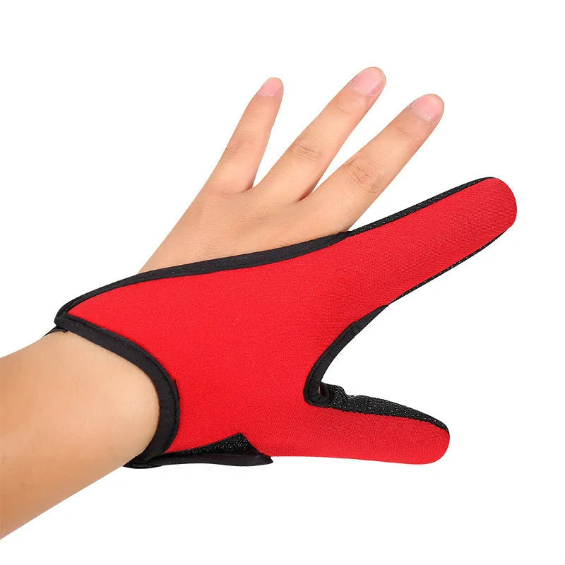 Single two-finger fishing glove showing microfiber palm and diving cloth back, colour options include blue, red, black, camouflage.