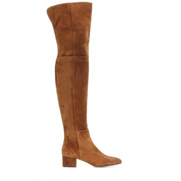 Grey suede women's over-the-knee flat boots with a pointed toe and low thick heel.