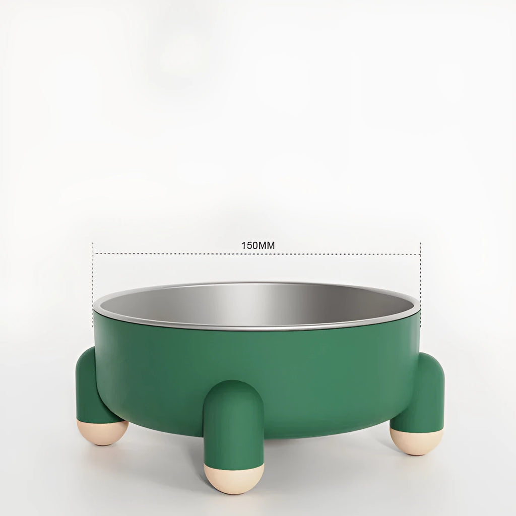 Green stainless steel raised pet bowl with anti-slip high-foot base for dogs and cats.