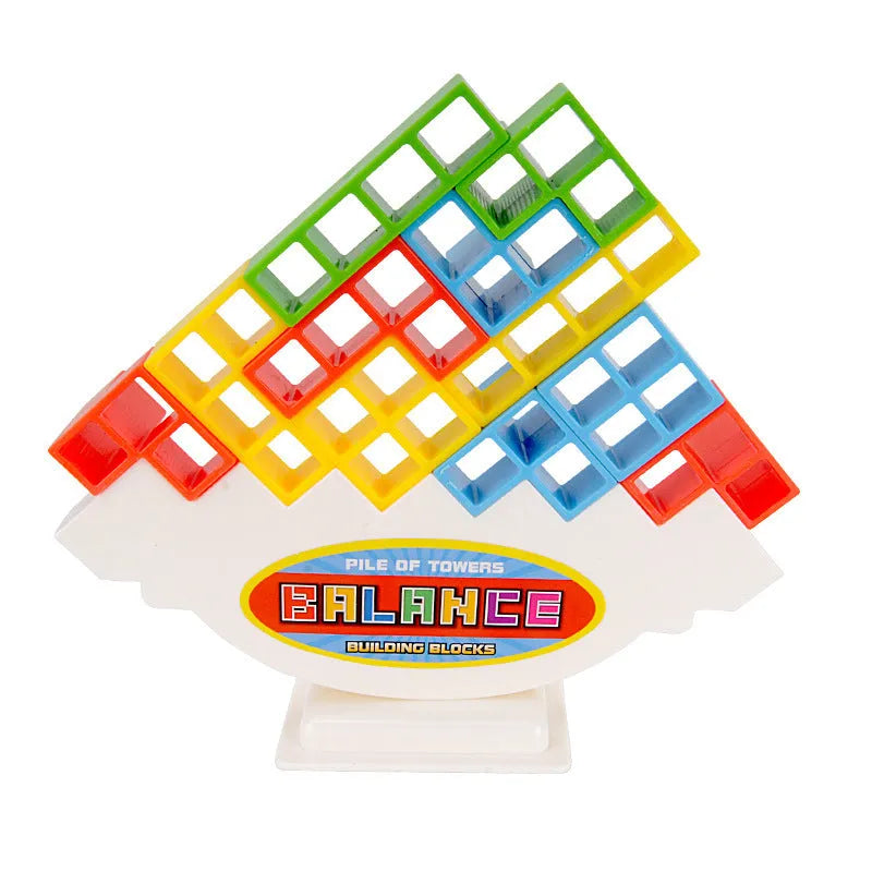 Plastic balance stacking board game with 16 coloured blocks, chassis, and base on a table
